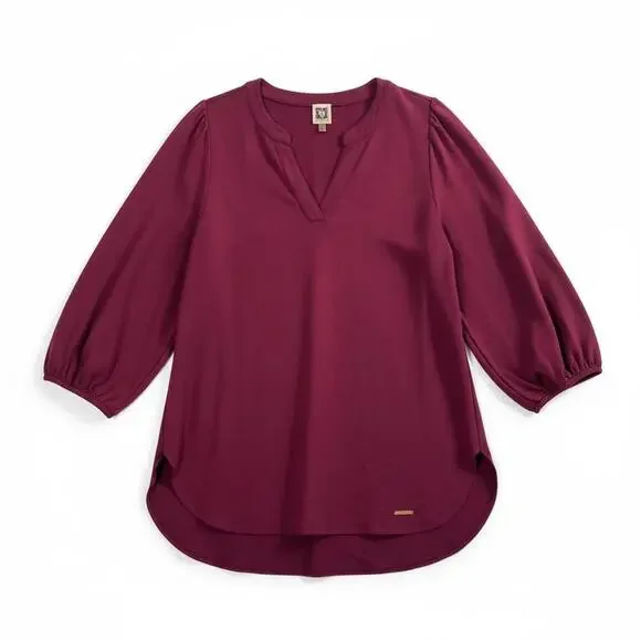 Anne Klein Burgundy Split-Neck Blouse – Size L - Picture 1 of 8